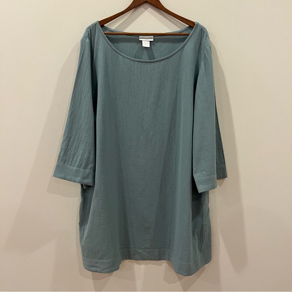 Soft Surroundings Tunic Top 3X Green Cotton 3/4 Sleeve Lagenlook Minimalist - Picture 1 of 14